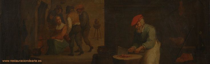 fotografia inicial antes de la restauración de la pintura sobre cobre, donde se ve el barniz oxidado y la suciedad superficial