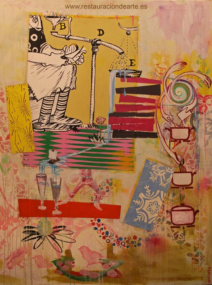 restauración de pintura collage y acrílico sobre lienzo de la pintora Paricia Gadea