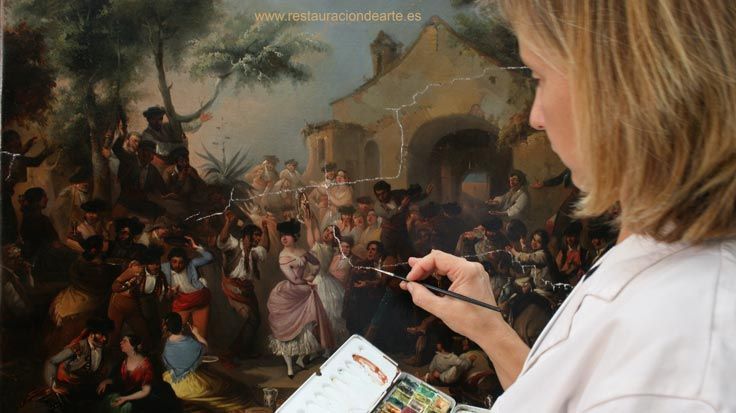proceso de reintegración cromatica de las pérdidas de color, restauradores de cuadros en Madrid, rotura de lienzo