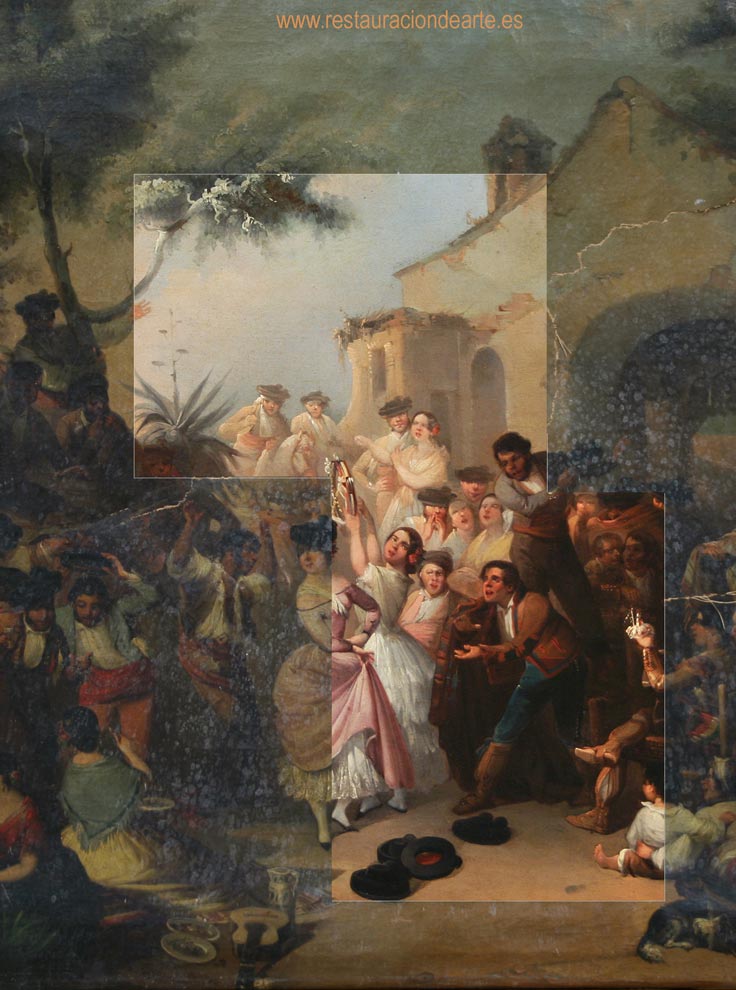 restauración de pintura, foto montage de antes y después del cuadro restaurado, cuadro de Rodriguez de Guzman pintor del periodo romantico