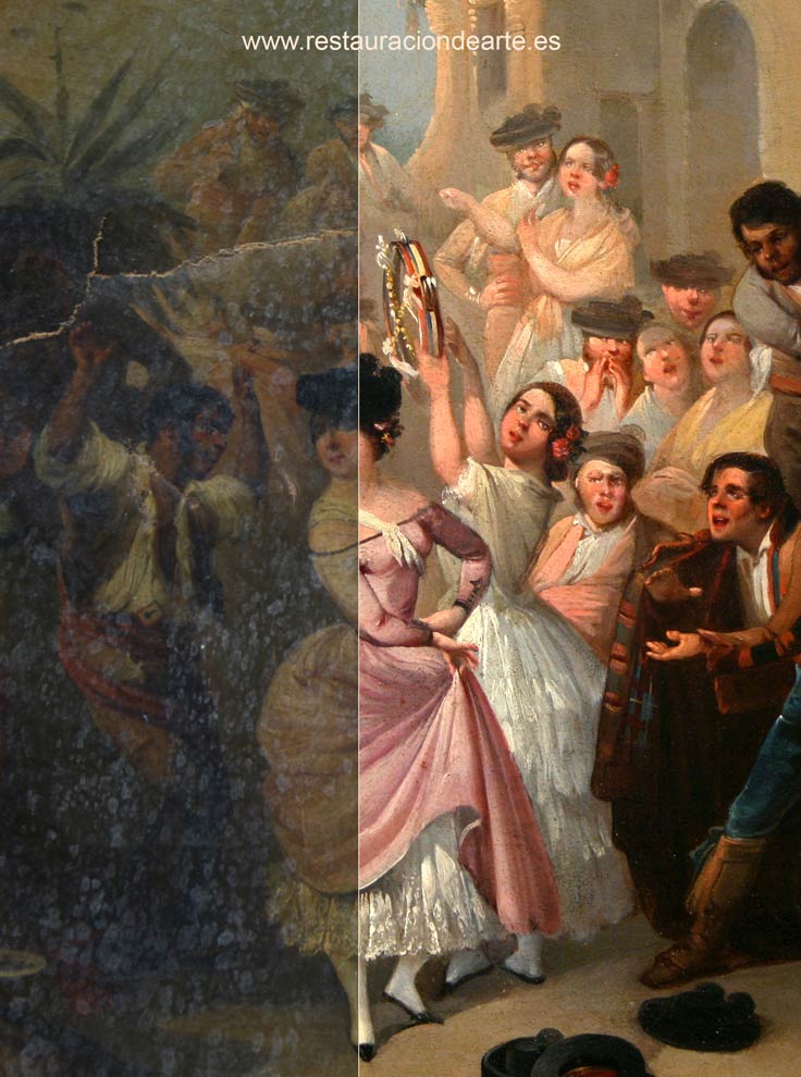 Fotografía antes de la restauración con deterioros, cuadro rajado, Rodrígues de Guzmán cuadro antes del proceso de restauración en museo de bellas artes de Madrid