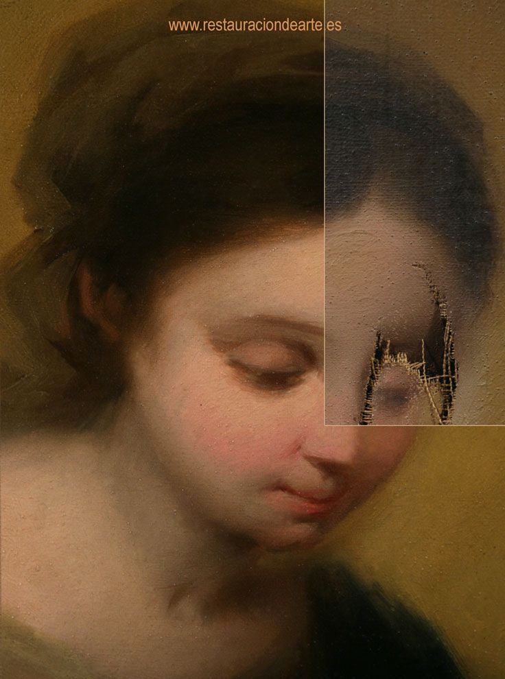 detalle antes y después de una de las roturas sobre el cuadro