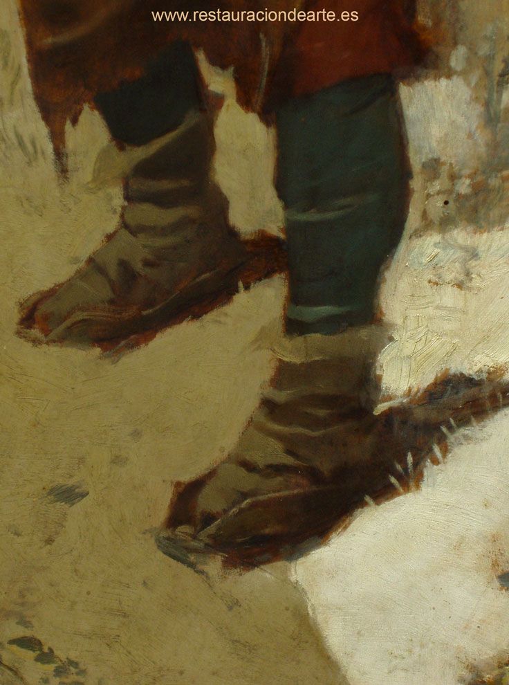 fotografia de detalle durante la limpieza de suciedad y barnices oxidados en la pintura sobre tabla