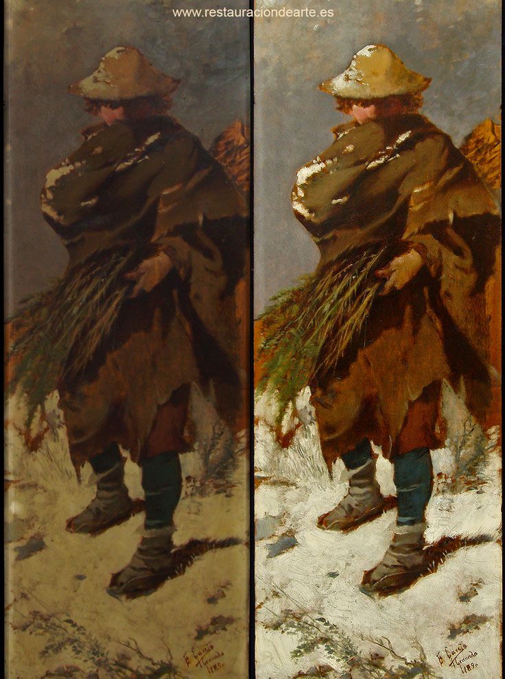 restauración de pintura tabla, foto montage de antes y después de la restauración de la tabla, estudio de restauración en Madrid