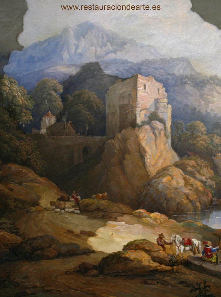 detalle de eliminación de la suciedad sobre la película pictórica, paisaje romántico, restauración de cuadros limpieza de barniz oxidado