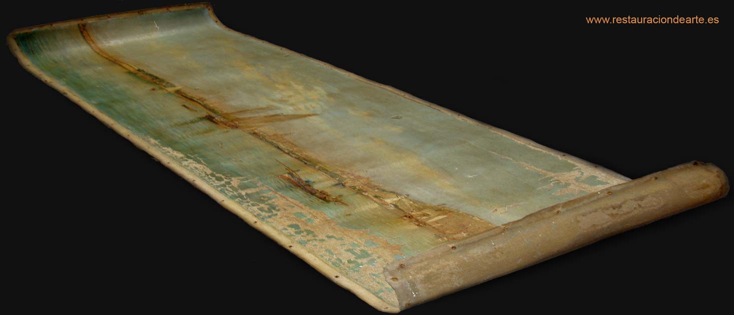 Fotografía inicial antes de la restauración, lienzo sin bastidor, paint restoration