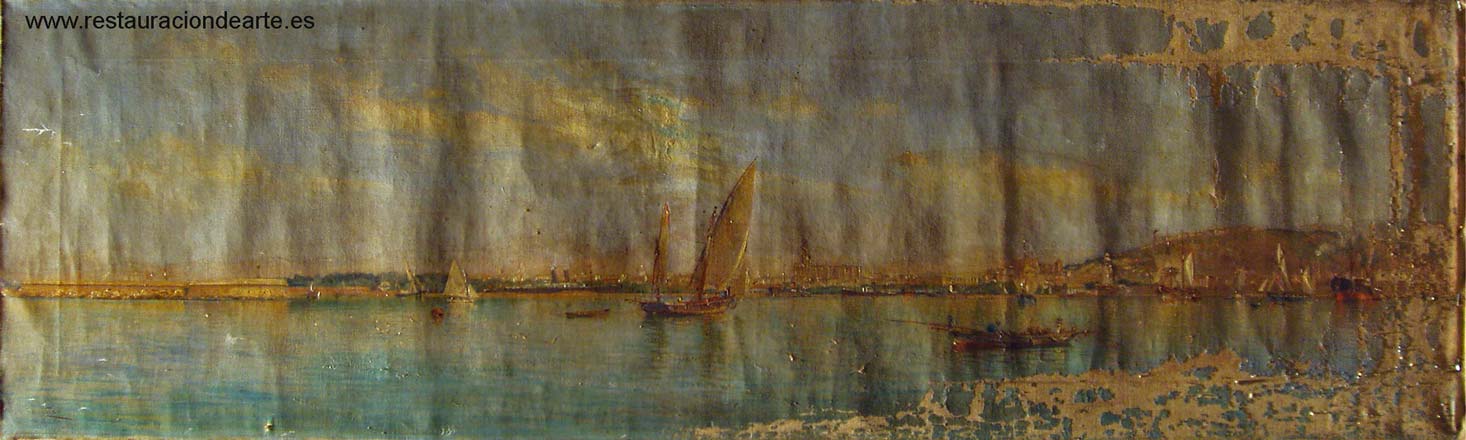 Fotografía inicial rasante antes de la restauración de pintura al óleo, el cuadro llegó al estudio sin bastidor con la tela y la pintura en rollada