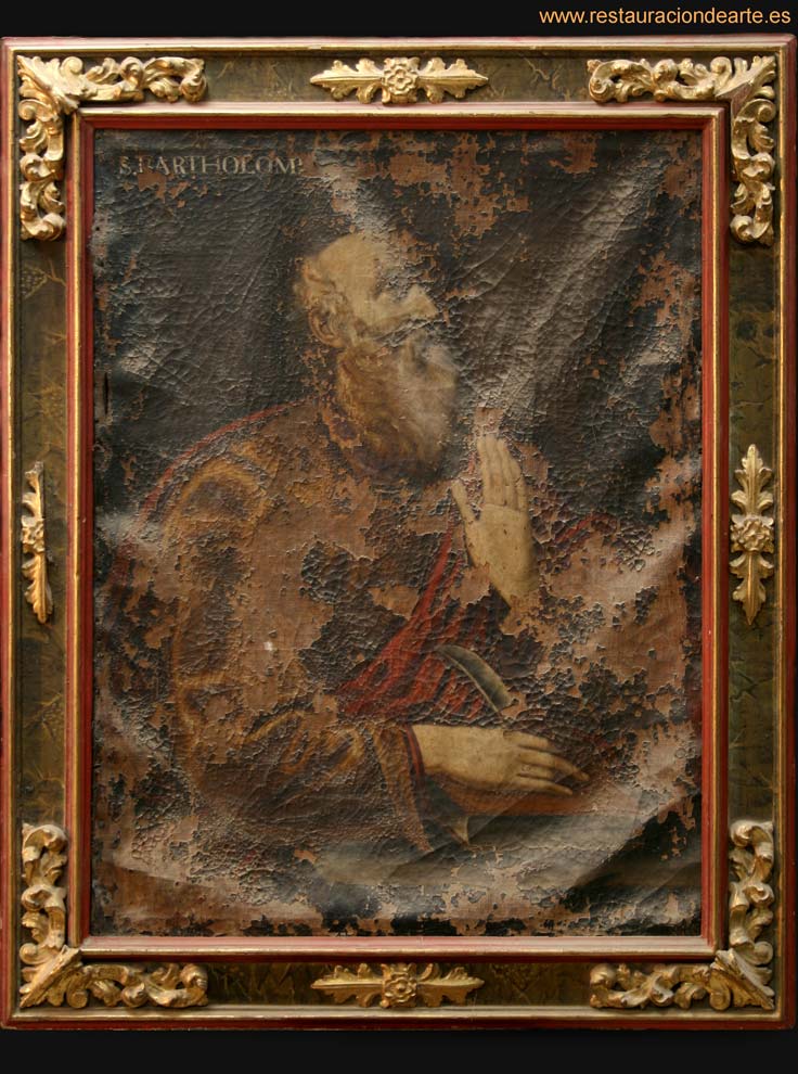 restauración de craquelados en pintura sobre lienzo, cuadro con gran cantidad de pérdidas de policromía y craquelados
