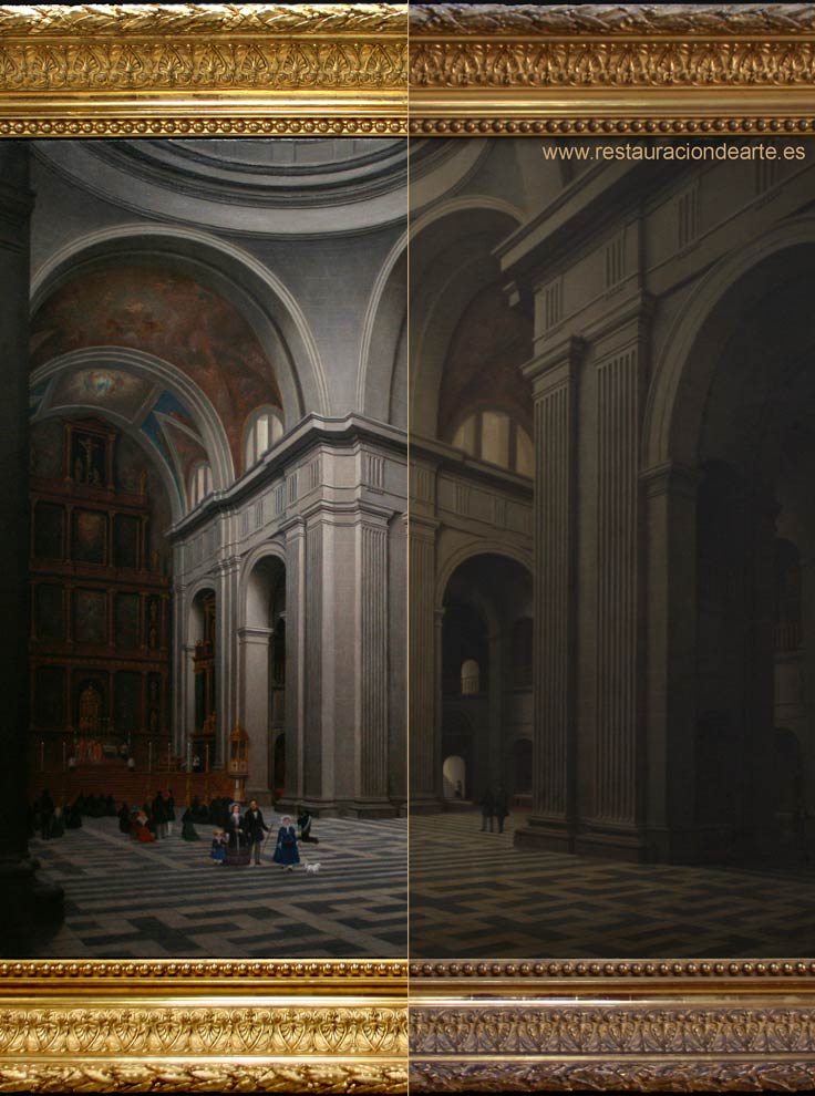 Limpieza de barniz oxidado en una pintura sobre lienzo, foto inicial antes y después de la restauración del lienzo firmado por P Kuntz 1855