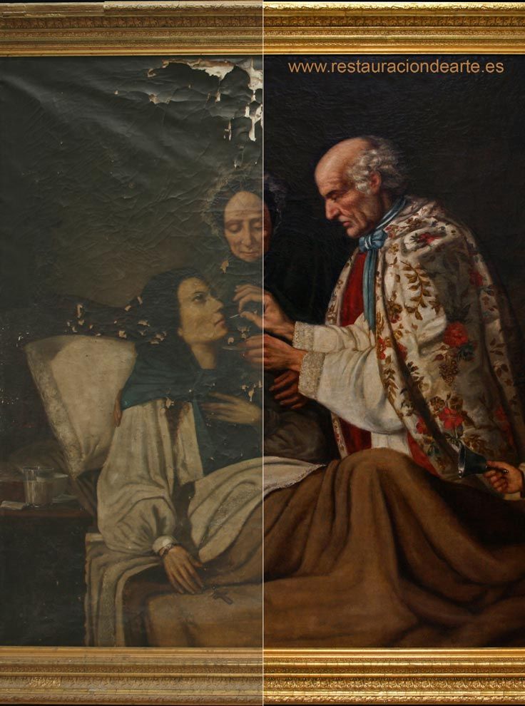 Restaurador de cuadros proceso de reentelado antes y después de la restauración